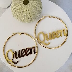 Gold Stainless Steel Queen Hoop Earrings